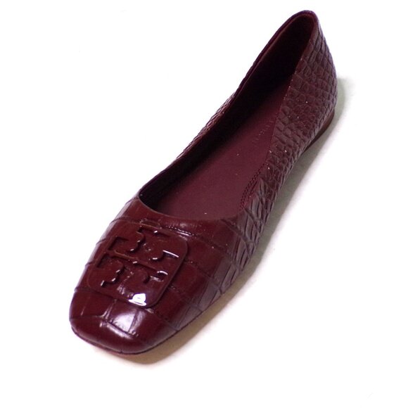 TORY BURCH Croc Embossed Logo Ballet Flats Shoes Claret 8